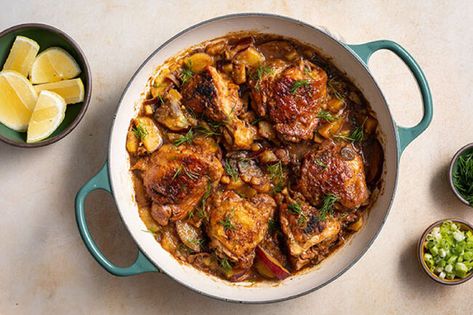 Soy and Cider Braised Chicken | Le Creuset® Official Site Cider Braised Chicken, Braiser Recipes, Short Rib Stew, Braised Chicken Recipes, Braising Recipes, Le Creuset Recipes, Glazed Sweet Potatoes, Soy Recipes, One Pot Dinner