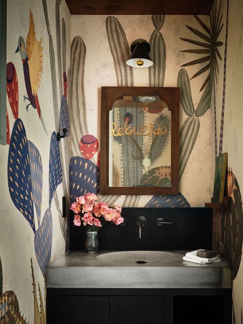 Powder Room Mural, Mexican Interior Design, Mexican Interiors, Lake Flato, Exposed Ceilings, Modern Luxury Bathroom, Modern Style Bathroom, Modern Mexican, Mexican Home