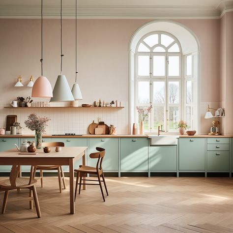 Jamie Oliver Kitchen Design, Peach And Blue Kitchen, Sage And Pink Kitchen, Green Pastel Kitchen, Peach Kitchen Cabinets, Mint Kitchen, Sage Kitchen, Peach Kitchen, Minimalist Furniture Design