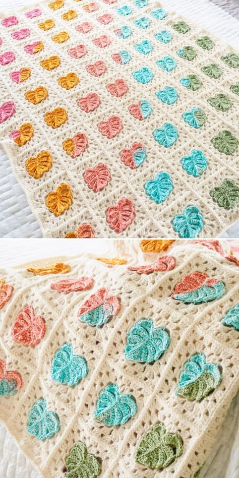 Crochet Monstera Plant Pattern Ideas Crochet Monstera Leaf Granny Square, Monstera Crochet Granny Square, Crochet Monstera Leaf Blanket, Crochet Leaves Granny Square, Motif Crochet Blanket, Tiger Granny Square, Crochet Projects For Grandma, Crochet Leaf Square Pattern, Monstera Leaf Granny Square