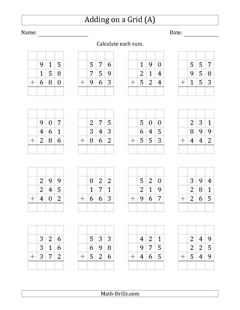 The Adding Three 3-Digit Numbers on a Grid (A) math worksheet from the Addition Worksheet page at Math-Drills.com. Adding Three Numbers, Easy Math Worksheets, Third Grade Math Worksheets, Kindergarten Math Worksheets Addition, Math Fact Worksheets, Numbers Worksheet, Math Practice Worksheets, Math Addition Worksheets, First Grade Math Worksheets