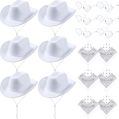 6 Sets Cowboy Hat Heart Shape Sunglasses and Cowboy Bandanas, Cow Girl Hat Rimless Transparent Heart Glasses for Cowgirl Cowboy Party Costume, Western Fancy Dress, Kids Cowboy Hats, Heart Shape Sunglasses, Cowboy Bandana, White Cowboy Hat, Heart Shaped Glasses, Western Costumes, Shape Sunglasses