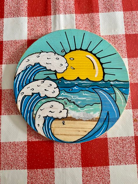 Hand Painted Coaster Ideas, Round Canvas Painting Ideas Easy, Circular Canvas Painting, Hand Painted Coasters, Art Competition Ideas, Circular Canvas, Wood Art Diy, Circle Canvas, Clock Painting