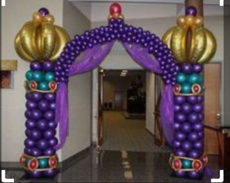 Royal Palace Balloon Arch: my balloon decor artist has priced this at $300 per arch, or $250 with larger arch balloons/slightly less detail. $125 for just a column, no central arch, or $200 for 2 columns. This is assuming a 3 hour minimum for making a single arch. If less time is available or you want multiple arches in 3 hours she will have to hire extra help and the price will go up. Balloon Entry, Arabian Nights Prom, Entry Arch, Princess Jasmine Party, Arabian Party, Aladdin Birthday Party, Arabian Nights Theme, Princess Jasmine Birthday Party, Arabian Nights Party