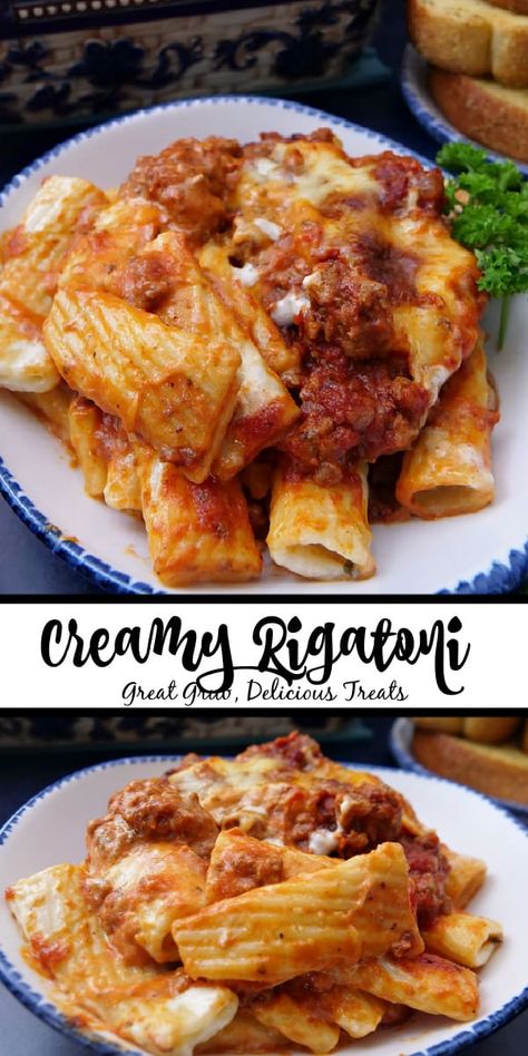 Creamy Parmesan Beef With Rigatoni, Pasta Dishes With Ground Sausage, Pasta With Ground Beef And Sausage, Rigatoni And Ricotta Recipes, Rigatoni Meat Sauce Recipes, Rigatoni Bake Ground Beef, Rigatoni Beef Pasta Dishes, Ricotta Pasta Sauce Recipes, Best Ground Beef Pasta Recipes