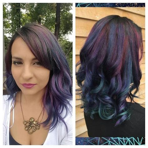 Oil Slick Hair Color Brunettes, Hair Color Brunettes, Oil Slick Hair Color, Indian Hair Cuts, Oil Slick Hair, New Hair Color Trends, Slick Hair, Wild Hair Color, Galaxy Hair