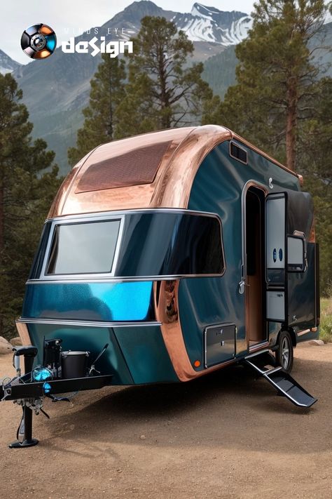 A vintage camper trailer is restored to a work of art. A stunning finish of copper guild and blue patinas highlight this unusual restiration. Retro Trailers, Tiny House Camper, Classic Campers, Rv Ideas, Camping Glamping, Rv Stuff, Mobile Homes, Vintage Camper, Outdoor Survival