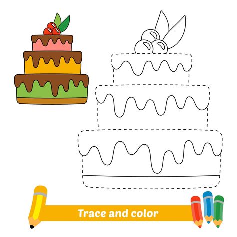 Trace and color for kids, cake vector Class 4 Drawing Ideas, Trace And Color Worksheets, Trace And Color Worksheets For Kids, Cake Craft Preschool, Trace And Color, Drawing Worksheets For Kids, Trace And Colour Worksheet, Cake Colouring Pages, Cakes Coloring Pages