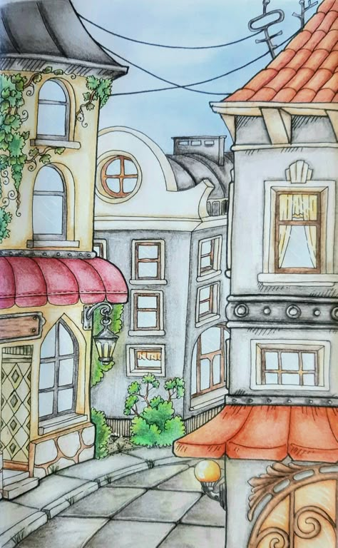 Pencil Colour Painting, Town Drawing, Architecture Drawing Sketchbooks, Easy Mandala Drawing, Art Painting Tools, City Drawing, Architecture Drawing Art, Cottage Art, Dark Art Drawings