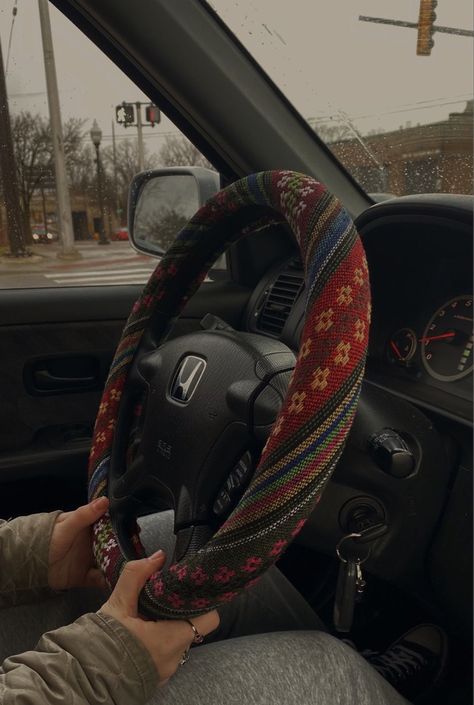 Steering Wheel Cover Aesthetic, Car Steering Wheel Aesthetic, Car Wheel Cover, Car Interior Diy, Hippie Car, Car Deco, Cool Car Accessories, Car Essentials, Cool Vans