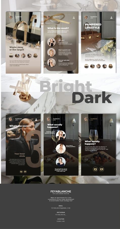 Beige | Black Instagram Stories - Secret of Success on Behance Black And Gold Instagram Theme, Black And Beige Instagram Feed, Modern Instagram Story Design, Dark Social Media Design, Success Story Design, Luxury Social Media Design, Business Instagram Story Ideas, Black Instagram Feed, Story Design Instagram