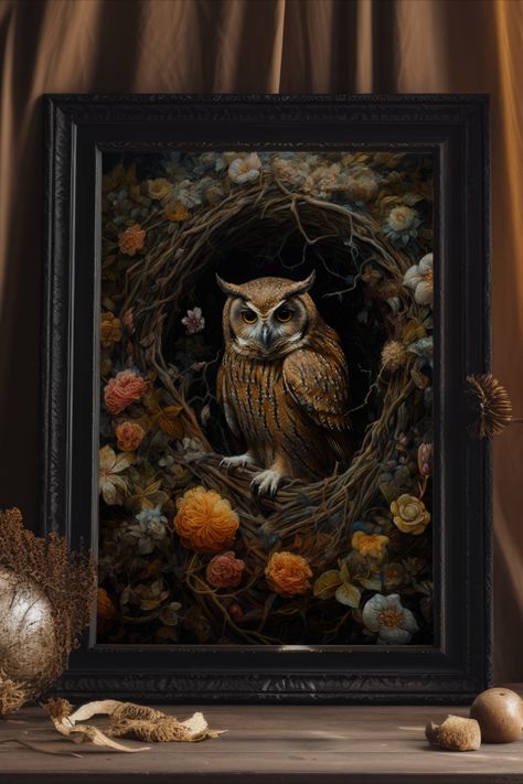 Dive into the charm of our vintage owl nest wall art! Imagine an owl, snug in its nest, bringing moody, cottagecore vibes to your space. This woodland animal artwork is perfect for dark, cozy room decor. Add a touch of whimsical nostalgia to your surroundings today! Moody Victorian, Moody Artwork, Victorian Oil Painting, Cottagecore Academia, Dark Academia Wall, Dark Academia Art, Owl Wall Decor, Forest Core, Victorian Paintings