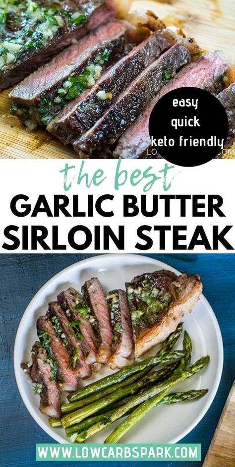 This Sirloin Steak recipe is pan-seared to lock in the juices, then smothered with garlic butter infused with fresh herbs. The meat is incredibly tender, juicy, and ready in under 20 minutes. It's the perfect recipe for a quick weeknight dinner. Garlic Butter Sirloin Steak, Steak And Asparagus Recipes, Bison Sirloin Steak Recipe, Top Sirloin Recipes, Garlic Herb Steak, Top Sirloin Steak Recipe, Sirloin Steak Recipe, Best Garlic Butter, Pan Fried Asparagus