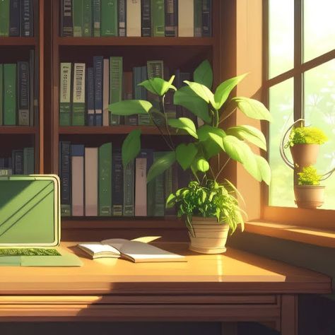 Study Studio Ghibli, Anime Art Aesthetic Study, Study Aesthetic Green, Notion Aesthetic Pictures, Anime Study Aesthetic, Green Lofi Aesthetic, Notion Images, Green Pictures, Academia Wallpaper