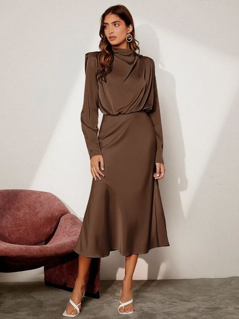 SHEIN BIZwear Solid Shoulder Pad Satin Dress | SHEIN USA High Neck Satin Dress, Modest Midi Dress, Modest Dress, Work Wear Women, Satin Midi Dress, Satin Dress, Modest Dresses, Midi Dresses, Women Dresses