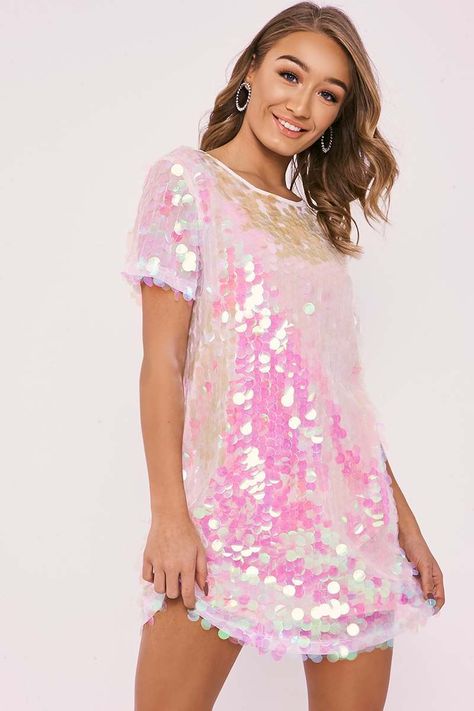 Iridescent Sequin Dress, Sequin T Shirt, Sequin T Shirt Dress, Sequin Shirt Dress, White Sequin Dress, Sparkly Outfits, Sequin Dress Short, Iridescent Sequin, Sequin Dresses