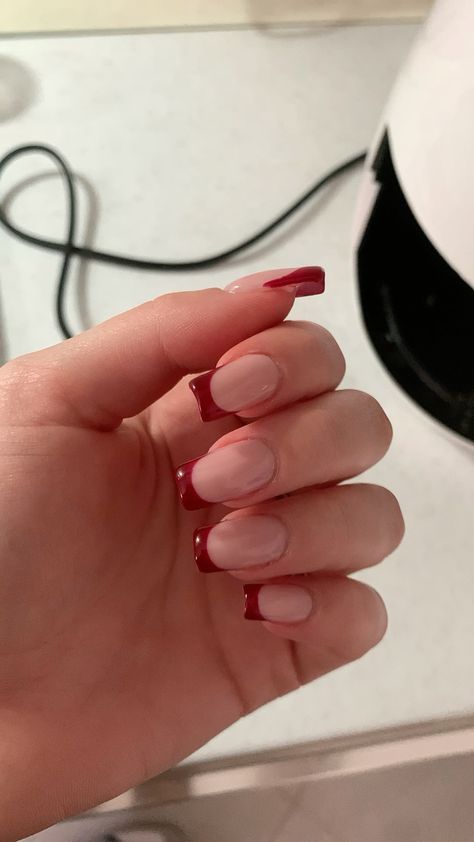 Square Nails With Red Tips, Colored French Square Nails, French Red Nails Square, French Nails With Burgundy, Nail Square French Tip, Nail Inspo For Square Nails, Burgundy French Tip Nails Square, Cherry French Tip Nails Square, Cherry Red French Tip Nails Square