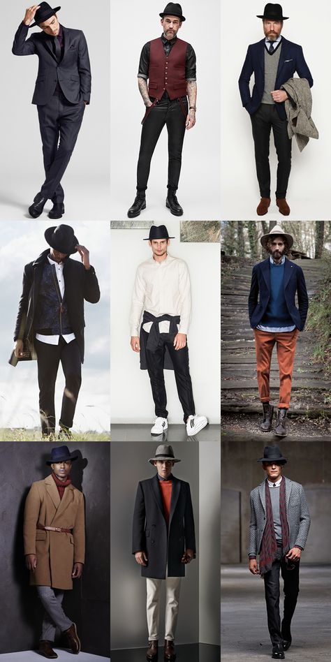 Men's Fedora Hat Outfit Inspiration Lookbook Mens Fedora Hat Outfit, Fedora Hat Men Outfits, Hat Styles Men, Hat Men Outfit, Hat Outfit Winter, Fedora Outfit, Winter Fedora, Hat Outfit Men, Fedora Hat Outfits