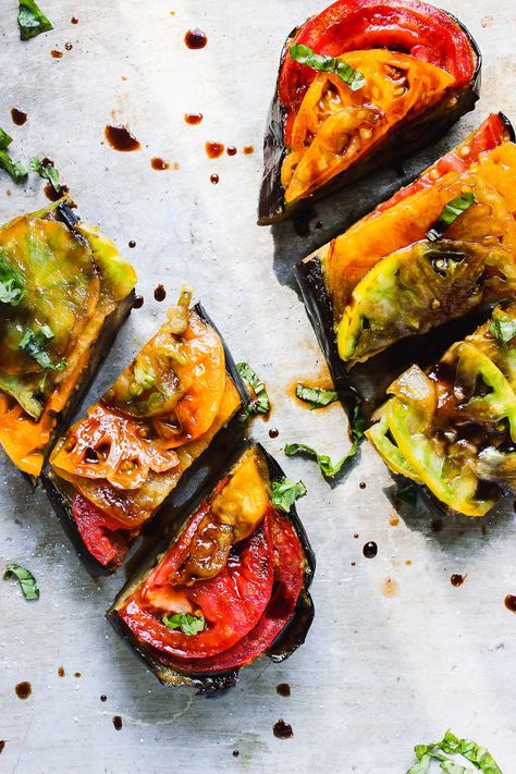 Basil roasted eggplant topped with fresh heirloom tomatoes and a drizzle of balsamic vinegar. It's a vegan, low-carb and gluten-free summer recipe. #roastedeggplant #eggplantandbasil #basileggplant #eggplantappetizers Basil Eggplant, Balsamic Drizzle, Summer Appetizers Easy, Roasted Eggplant, Gluten Free Dishes, Roast Eggplant, Summer Appetizer, Eggplant Recipes, Think Food