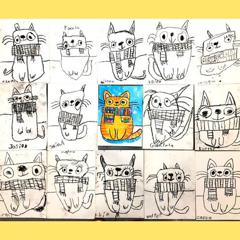 Cat Art Projects For Kids, Kindergarten Drawing, Shapes Lessons, Winter Art Lesson, Kindergarten Art Lessons, Winter Drawings, Cassie Stephens, Kindergarten Art Projects, 2nd Grade Art