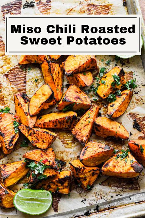 Miso Roasted Sweet Potatoes, Miso Sweet Potato, Sweet Potato Recipes Roasted, Glazed Sweet Potatoes, Sweet Potato Recipes Healthy, Roasted Potato Recipes, Vegan Side Dishes, Spicy Sauce, Sweet Potato Recipes