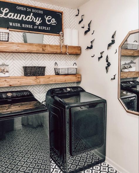 Laundry Room Black Appliances, Black Washer And Dryer, Laundry Room Black, Laundry Room Farmhouse, Modern Farmhouse Laundry Room, Diy Laundry Room, Laundy Room, House Laundry Room, Stacked Laundry Room