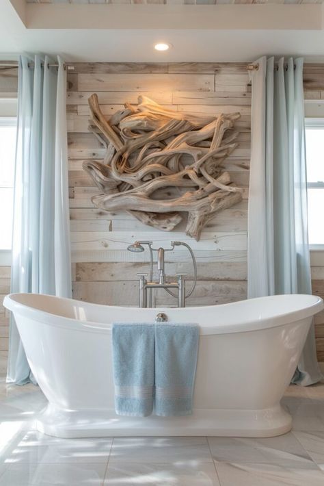 Decorating With Driftwood, Coastal Wall Decor Ideas, Linen Textiles, Sofa Boho, Simple Arrangements, Driftwood Furniture, Driftwood Art Diy, Beach House Interior Design, Driftwood Wall Art