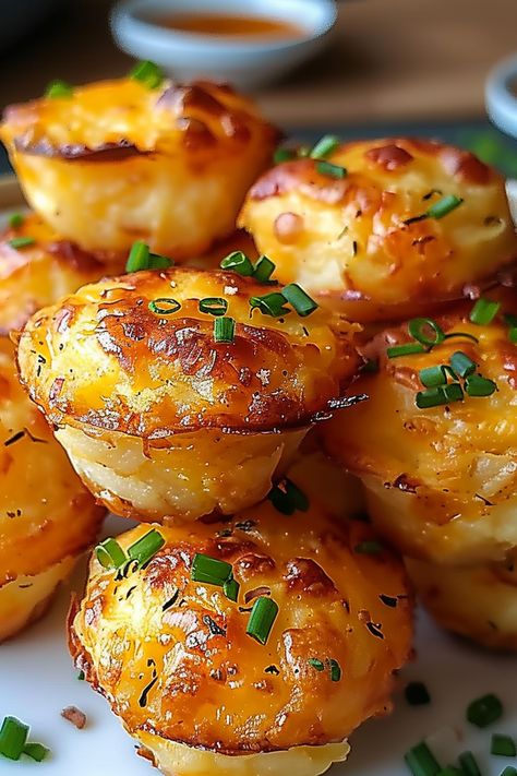 Golden Cheesy Potato Puffs arranged on a white platter Golden Cheesy Mashed Potato Puffs, Potatoes Muffin Cups, Easy Appetizers With Potatoes, Best Breakfast Appetizers, Cold Potato Appetizers, Potatoe Appetizers For Party, Veg Platter Ideas, Cheesy Potato Puffs, Fast Potato Recipes