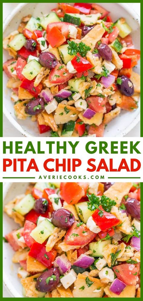 Greek Pita Chip Salad, side dishes, lunch ideas Chip Salad, Greek Salad Recipe, Greek Pita, Greek Vinaigrette, Mediterranean Diet Recipes Dinners, Homemade Lunch, Greek Salad Recipes, Recipes With Few Ingredients, Easy Salad