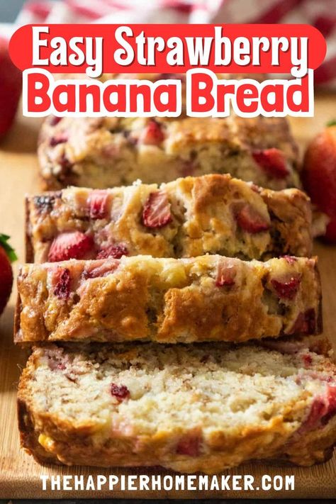 Indulge in the irresistible flavors of summer with this simple yet delicious Strawberry Banana Bread recipe! Bursting with the sweet taste of strawberries and ripe bananas, this moist and tender quickbread is a delightful treat for breakfast or dessert. With just one hour of baking time, you can enjoy the warm aroma of freshly baked bread filling your kitchen. Banana And Strawberry Bread, Banana Bread With Strawberries, Frozen Strawberry And Banana Recipes, Over Ripe Strawberry Recipes, Strawberry And Banana Dessert, Baking With Strawberries, Recipes With Frozen Strawberries, Ripe Bananas Recipes, Strawberry Banana Bread Muffins