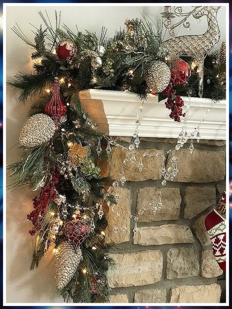 Christmas Garland - If you found what you like, it's very important that you act immediately - Visit For More! Christmas Mantel Garland, Christmas Garland Mantle, Garland Ideas, Christmas Decorations Garland, Christmas Mantle Decor, Christmas Fireplace Decor, Glam Christmas, Plaid Decor, Christmas Mantel