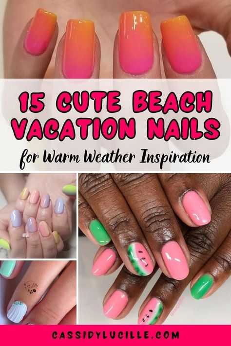 Looking to add a creative touch to your manicure during your beach vacation? Discover 15 cute beach vacation nails for warm weather inspiration here. From unexpected colors to, summery, and vibrant nail art, these 2023 beach vacation nail ideas are perfect for embracing the warm weather and trying something new. Check out these beach themed summer nails now! Gel Nails For Beach Vacation, Hawaii Nail Colors, Beach Vacation Gel Nails, Mexico Manicure Ideas, Nails For A Beach Vacation, Beach Theme Makeup, Beach Manicure And Pedicure, Tropical Pedicure Ideas, Cruise Mani And Pedi