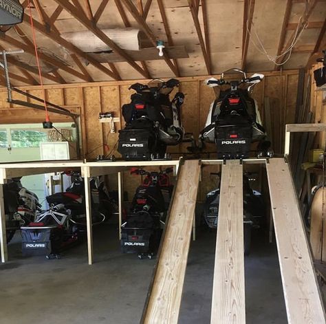 10 ft ramps #snowmobilestorage #snowmobilesummerstorage Snowmobile Garage, Snowmobile Storage, Atv Storage, Morton Building, Trailer Storage, Barn Garage, Mobile Storage, Diy Garage Storage, Container Shop