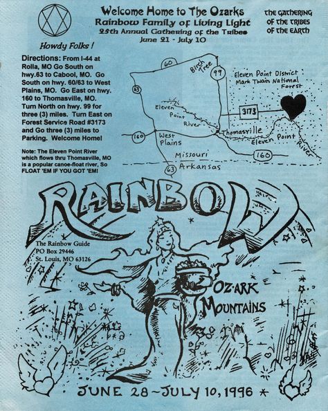 The Howdy Folks for the 1996 Missouri Rainbow Gathering, from the back cover of the summer 1996 edition of the Rainbow Guide. Rainbow Family Gatherings, Rainbow Gathering, Moral Panic, Rainbow Family, Esoteric Art, Creative Class, Circle Of Life, Family Gatherings, Live Light