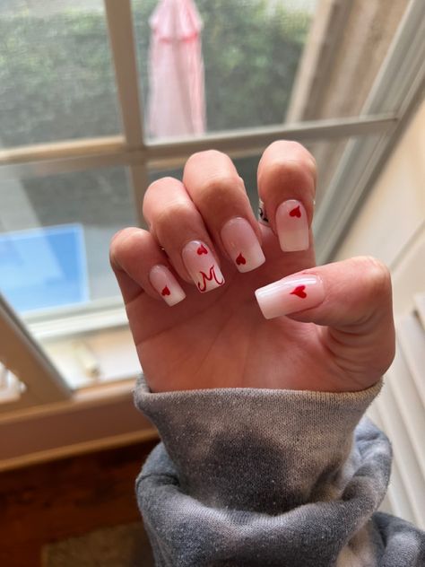 Valentines Day Nails Designs With Initial, Vday Nails With Initial, Valentines Nails Designs With Initial, Valentines Day Nails Boyfriend Name, Boyfriend Initial Nails Almond, Christmas Nails With Bf Initial, French Nails With Letters Initials, French Nails With Letter, Acrylic Nails With Bf Initials Red