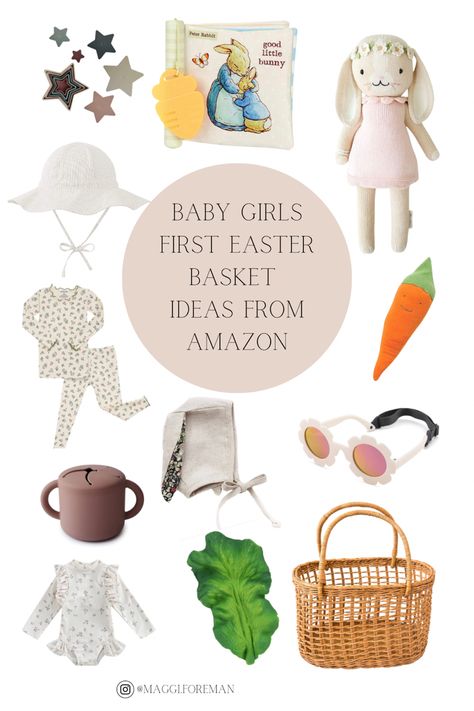 Easter basket ideas from Amazon for a baby girl. Non candy basket ideas, toys that will last and lots of summer items. 1st Easter Basket Girl, 6 Month Old Easter Basket Ideas, Candy Basket Ideas, Baby Girl Easter Basket, Easter Basket For Baby, First Easter, Newborn Easter Basket, Christian Easter Basket, First Easter Basket