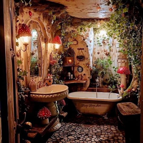 Secret Garden Bathroom, Fantasy Bathroom Ideas, Enchanted Forest Bathroom, Fairy Garden Bathroom, Fairycore Bathroom, Fairy Home Aesthetic, Fairytale Bathroom, Grunge Bathroom, Fairycore House