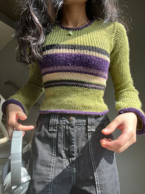 Striped sweater Green And Purple Outfit, Existential Dread, Hand Knit Sweater, Everyday People, Too Funny, Group Photos, Knit Outfit, Knit Fashion, Knitting Inspiration