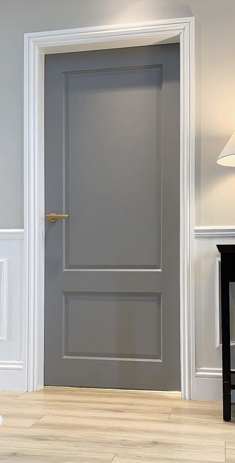 Interior Doors Styles Farmhouse, Grey Bedroom Doors, Grey Inside Doors, Gray Doors And Trim, Wooden Door Paint Color, Interior Doors Painted Gray, Room Door Colour Ideas, Grey Woodwork White Doors, Gray Doors