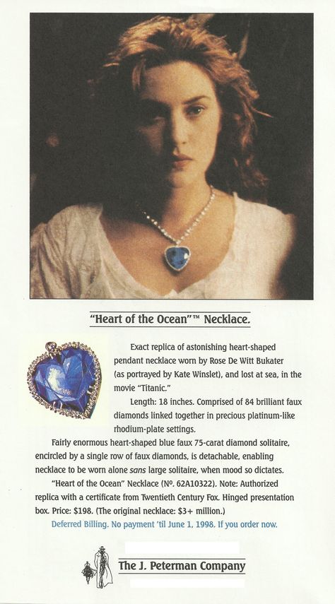 How Titanic’s Iconic Necklace Almost Sank the J. Peterman Company - Racked Titanic Quotes, The Heart Of The Ocean, Heart Of The Ocean, J Peterman, Ocean Heart, Titanic Movie, Ocean Necklace, Heart Shaped Pendant Necklace, Rms Titanic