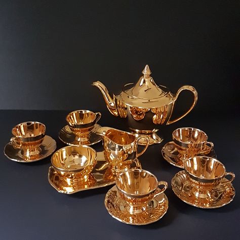 Royal Winton GOLDEN AGE Tea Set for 4 or 5, Teapot, Cream, Sugar, 5 Demitasse Tea Cups & Saucers, Vintage English Tea Party Gift Set, 1940s Small Tea Cups, English Tea Party, Bubble Paper, Wedding Gift Set, Royal Winton, All That Glitters Is Gold, Vintage Tea Party, English Tea, Tea Pots Vintage