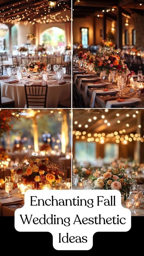 A beautifully decorated fall wedding reception with rustic table settings, warm-toned floral arrangements, and soft, cozy lighting that creates an enchanting and elegant atmosphere. Farm Table Candles Wedding, Fall Color Wedding Reception, Fall Wedding Table Cloths, October Wedding Centerpieces Table Decor, Fall Wedding Tablescapes Round Tables, Romantic Fall Wedding Centerpieces, Fall Wedding Design, Farm Table Centerpiece Wedding, Cozy Wedding Decor