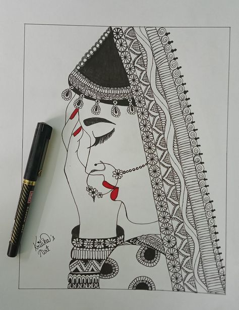 Dulhan Mandala Art Drawing, Sketching Patterns, Girly Sketches, Storytelling Illustration, Mandala Art Drawing, App Drawings, Mithila Painting, Pencil Drawing Images, Black Drawing