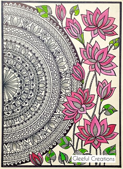 Madhubani Art On Canvas, Madhubani Art Wall Hangings, Gujarat Drawing, Mandala Flower Drawing, Pink Drawing Ideas, Madhubani Mandala, Drawing Ideas Flowers, Buddha Canvas Art, Mandala Sketch