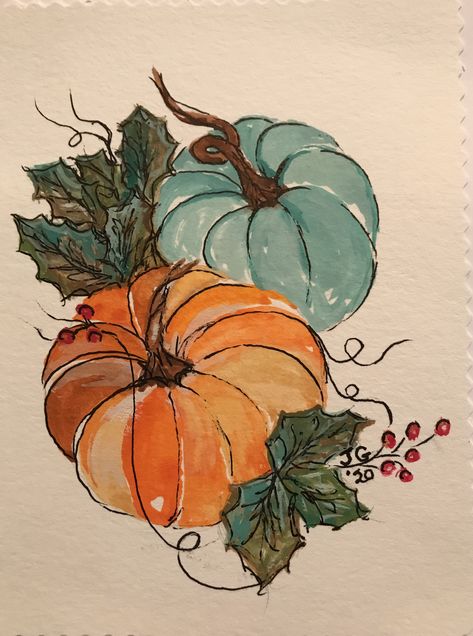 Fall Art Watercolor, Halloween Art Simple, Fall Watercolor Cards Ideas, Cute Fall Painting Ideas, Fall Pumpkin Drawing, Fall Drawings Autumn, Paint Marker Ideas, Watercolor Thanksgiving Cards, Watercolor Art Halloween