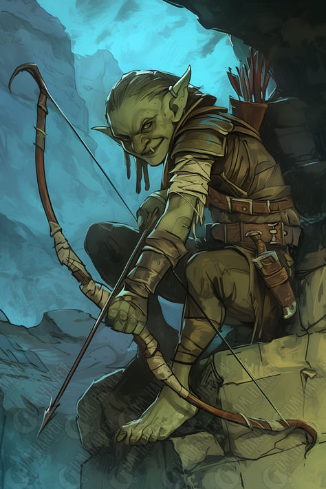 Goblin ledge archer (Storm King's Thunder) Goblin Fantasy Art, Goblin Art Dnd, Goblin Archer, Dnd Animals, Npc Dnd, Storm Kings Thunder, Archer Characters, Goblin Art, Character Portrait