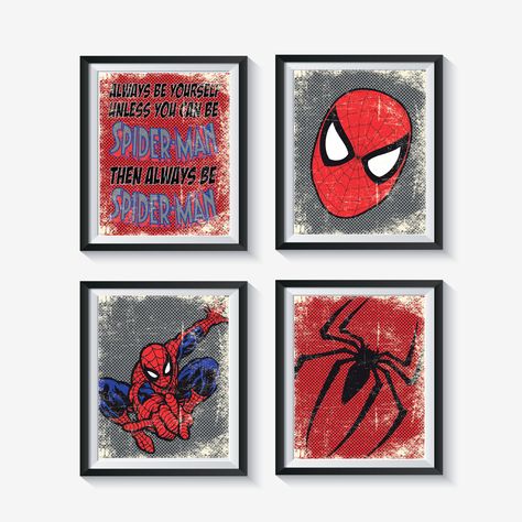 Retro Spider-Man and Logo Distressed, Vintage Style Unframed Superhero Art Print Set - Qty 4 - NURSERY BEDROOM PLAYROOM boys decor Spiderman by GraphicallyEverAfter on Etsy Playroom Boys, Spiderman Bedroom, Marvel Bedroom, Spider Man Logo, Spiderman Room, Man Bedroom, Superhero Bedroom, Superhero Room, Man Room