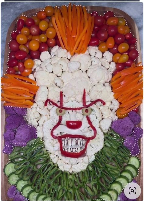 Pennywise The Clown Veggie Tray, Clown Veggie Platter, It Veggie Tray, Pennywise Veggie Platter, Penny Wise Veggie Tray, Halloween Theme Veggie Tray, Halloween Teeth Treats, Pennywise Veggie Tray, Spooky Veggie Platter