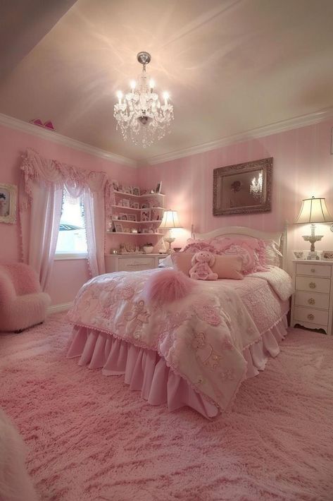 High-Tech Features for Fun Bedrooms Girly Pink Bedroom Aesthetic, Rectangle Room Ideas Bedrooms, Pink Aesthetic Room Ideas, Coquette Interior, Cool Bedroom Designs, Rich Girl Bedroom, Bedrooms Pink, Pink House Interior, Dream Bedroom Inspiration