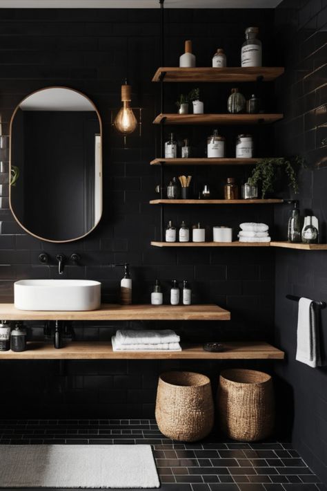 Black Classic Bathroom, Black And Brown Restroom Ideas, Black Tile Natural Wood Bathroom, Black Octogon Tiles Bathroom, Brown Accent Bathroom, Bathroom Wood And Black, Brown Restroom Ideas, Dark Scandinavian Bathroom, Dark Moody Apartment